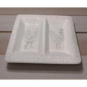 Savinio Designs Earthenware Divided Dish Embossed Rooster Chicken Farmhouse